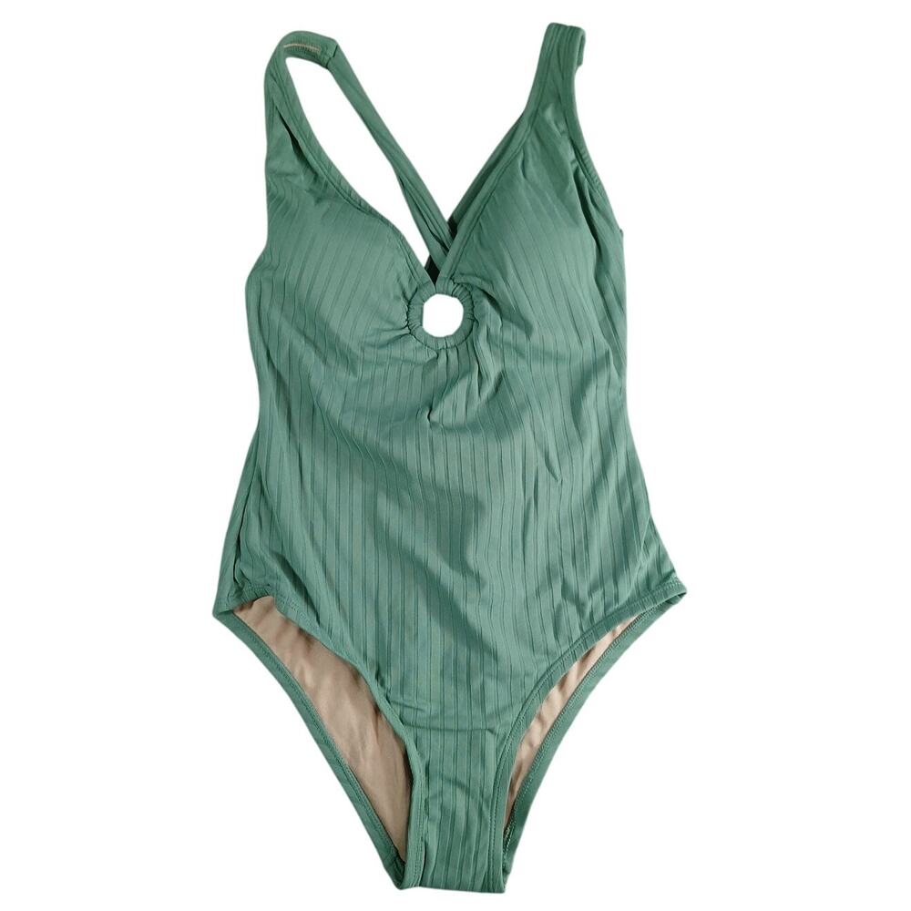 Kona Sol Swimsuit Womens Medium (8-10) One Piece Green Ribbed Padded Lined NWOT